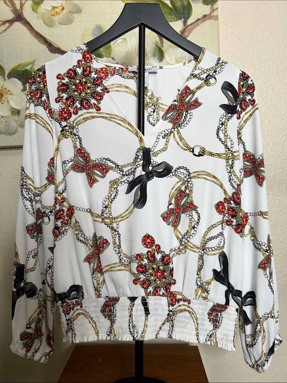 White House Black Market White Blouse with Red, Gold & Black Chain Print